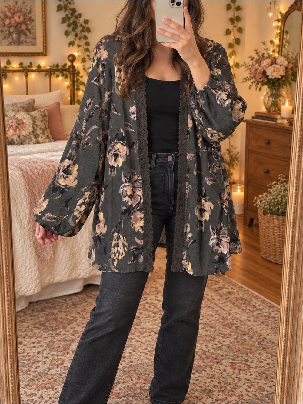 Maurices Black Floral Lace-Trim Kimono